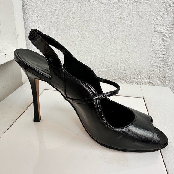 Manolo Blahnik Black Leather Printed Slingback Peep Toe Pumps – Size 36.5 - Picture 2 of 12